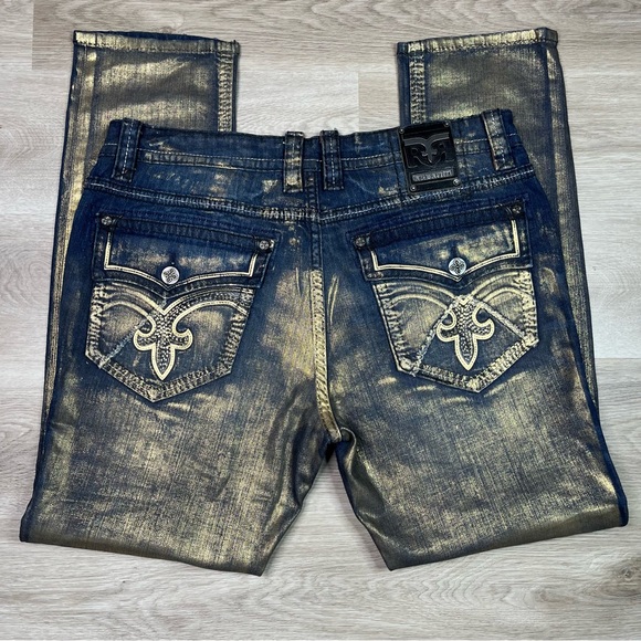 Rock Revival Gold Foiled Ayaan Biker Jeans Size 40 - Picture 1 of 16